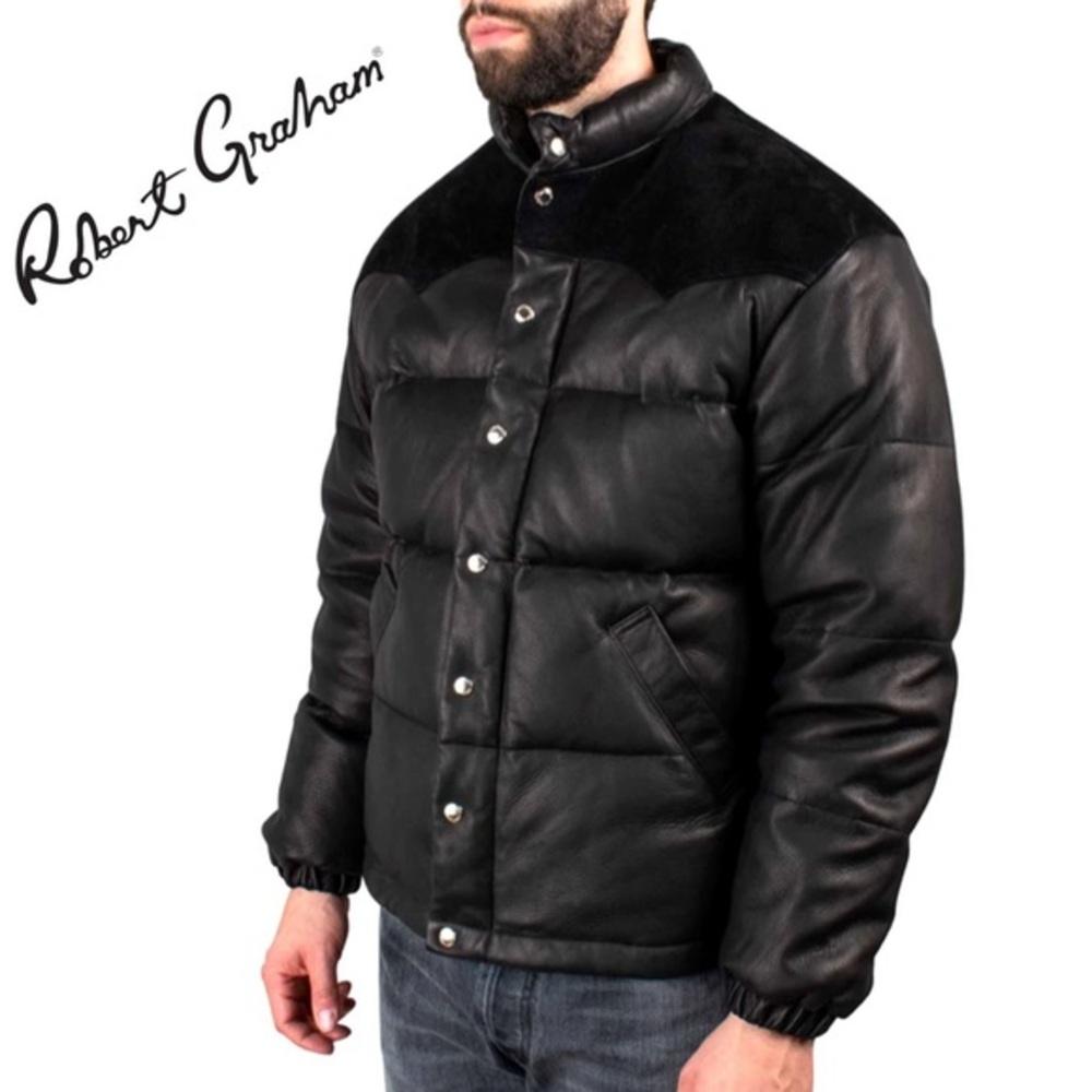 NWT ROBERT GRAHAM MEN’S PUFFER JACKET FAUX LEATHER/SUEDE COAT BLACK INSULATED